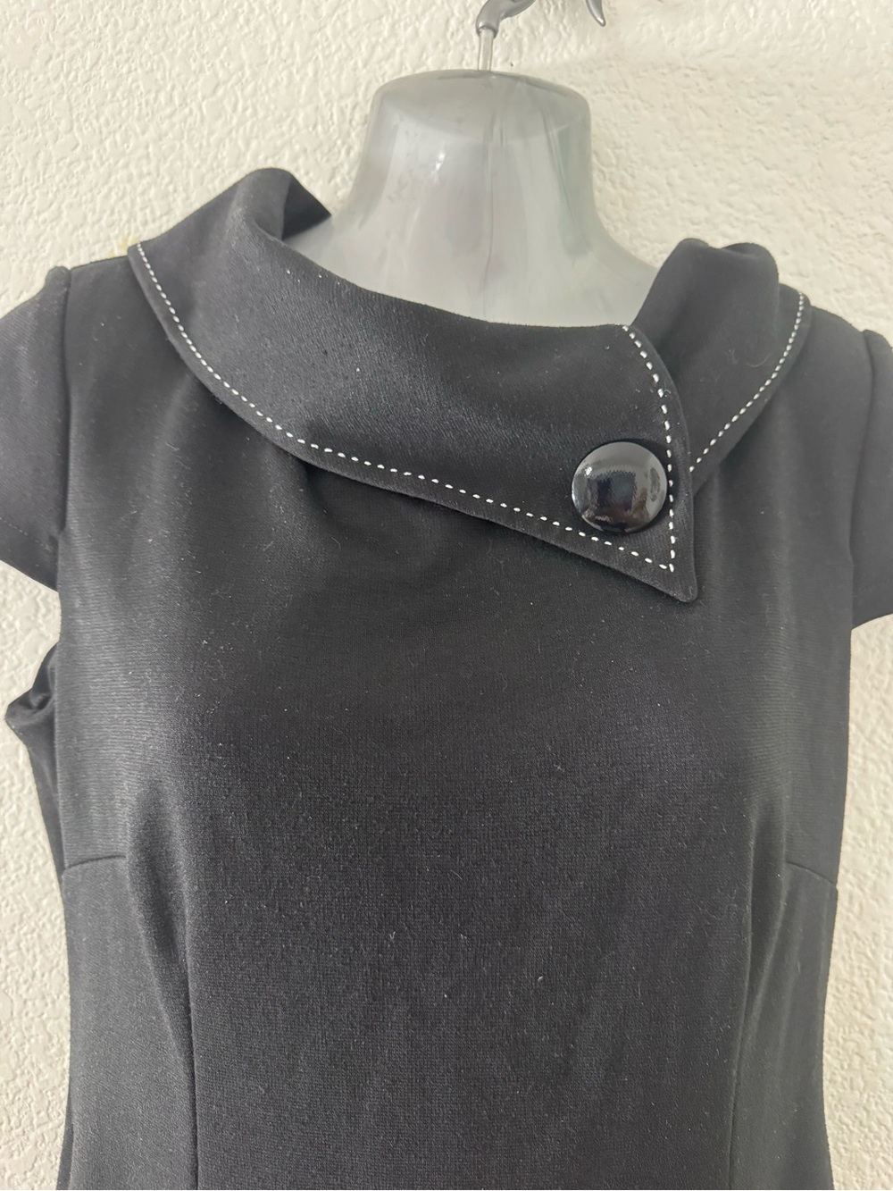London Times Black Cap-Sleeve Dress with Decorative Button Collar